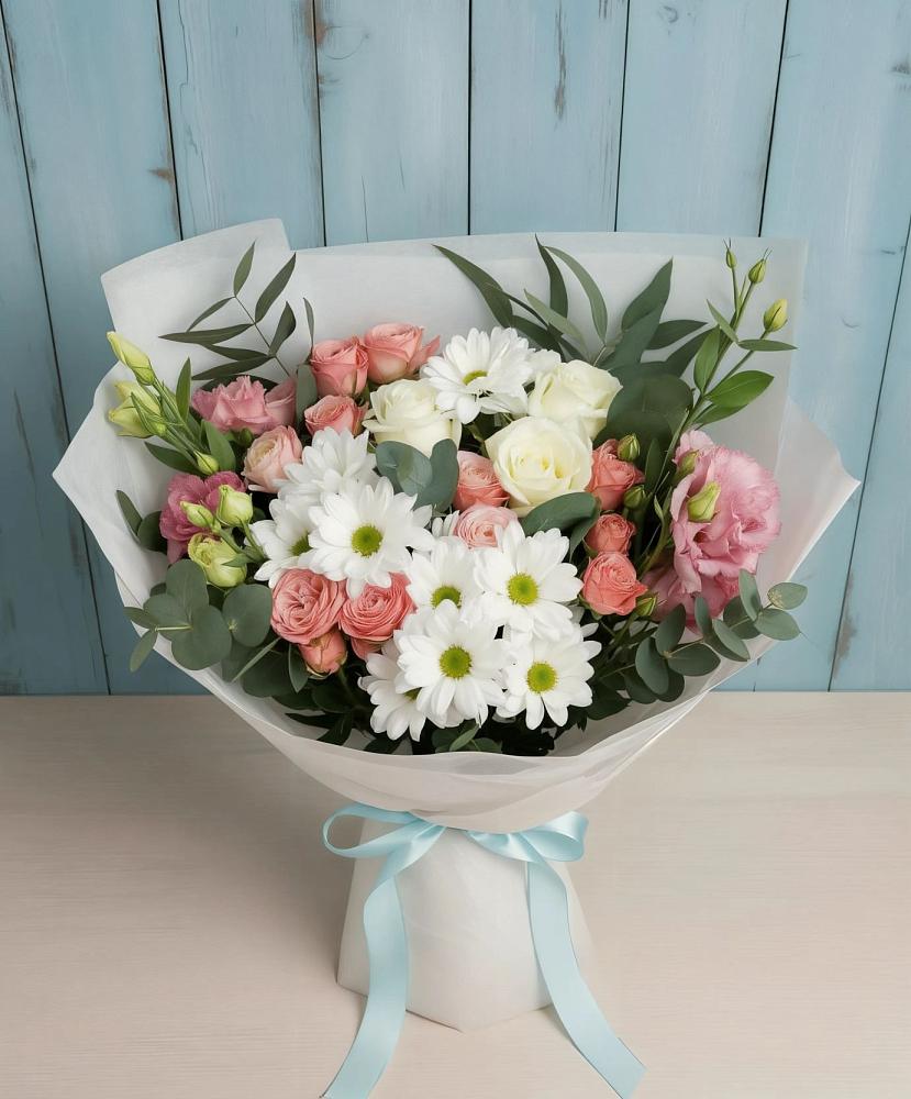 Букет цветов из: Розы, Лизиантусы и Хризантемы в Шварцевский