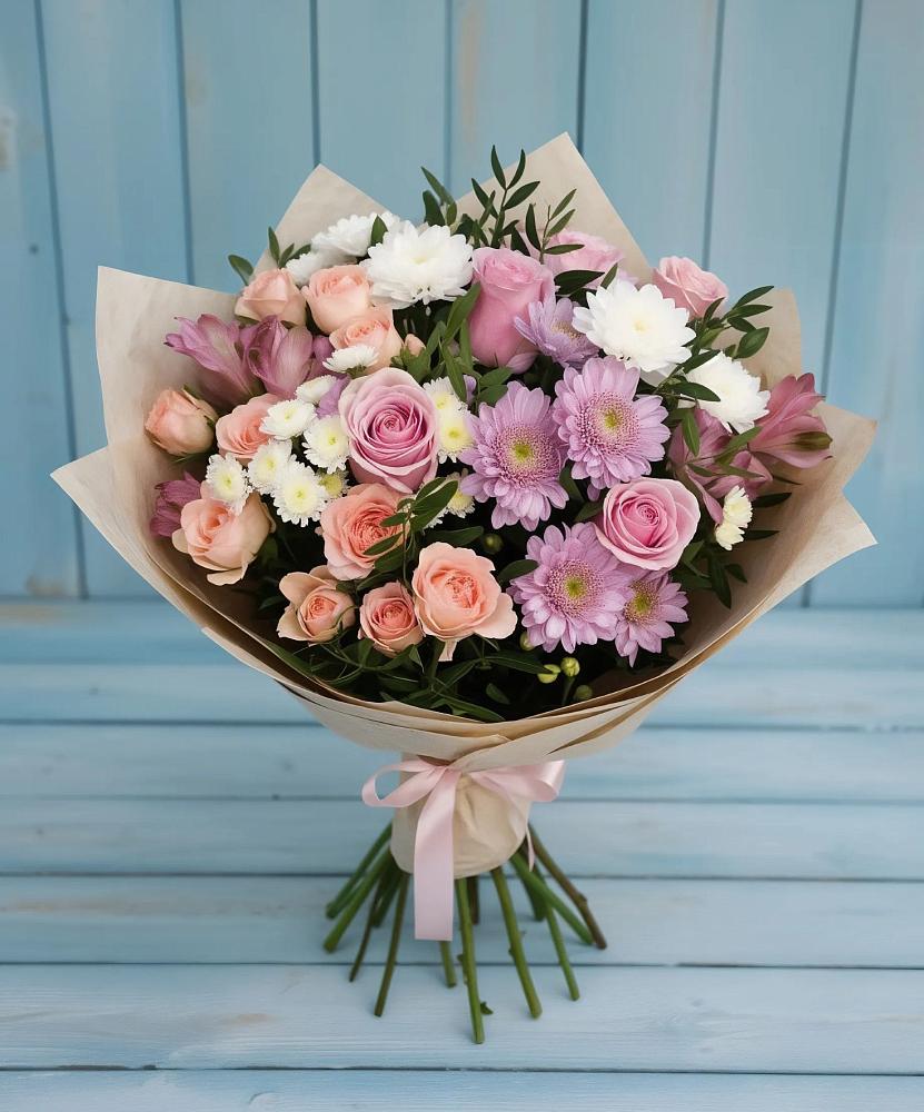 Букет цветов из: Хризантемы, Розы и Альстромерии в Шварцевский