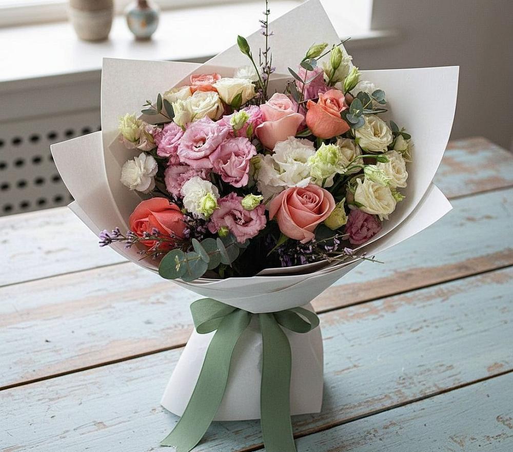 Букет цветов из: Розы, Лизиантусы и Гвоздики в Шварцевский