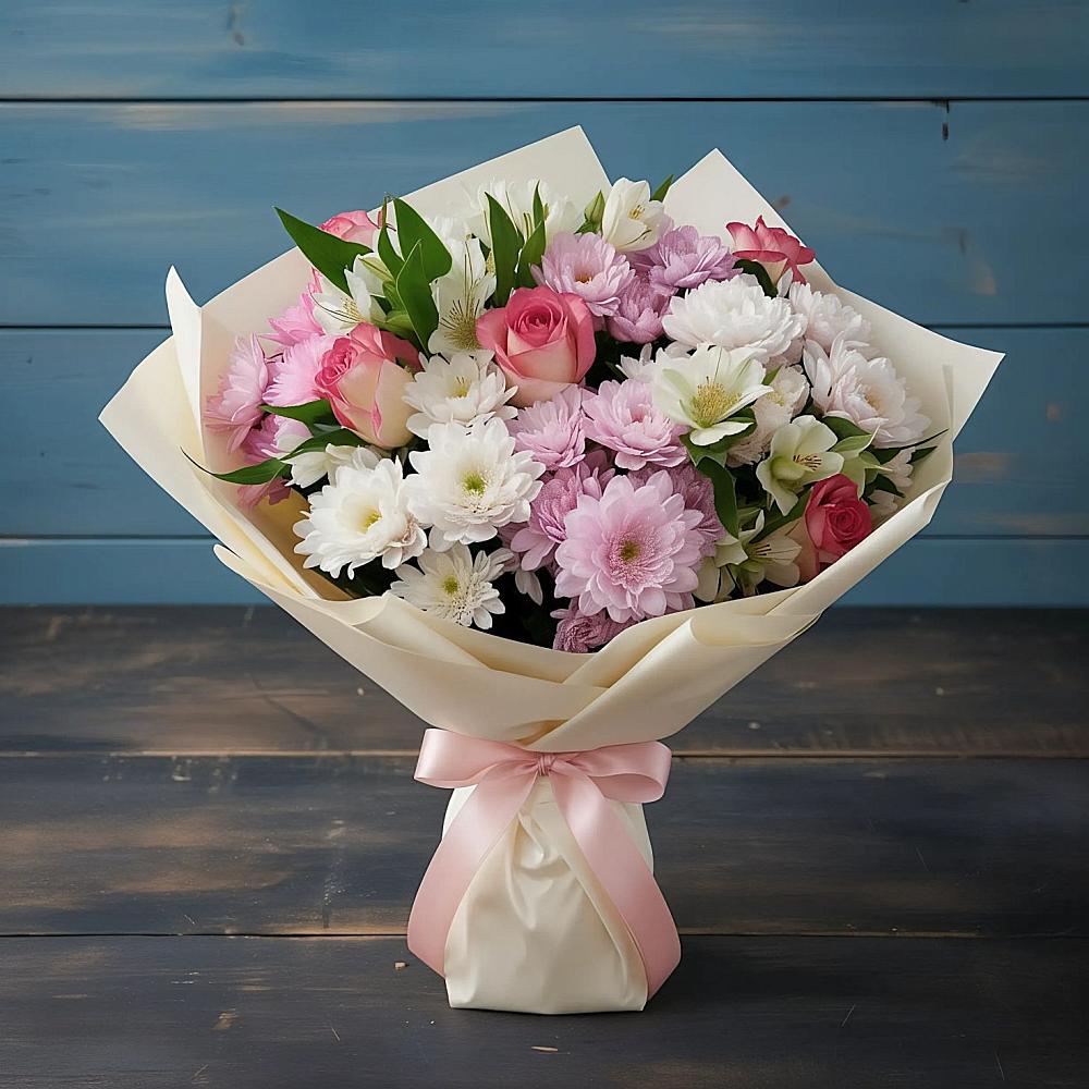 Букет цветов из: Хризантемы, Альстромерии и Розы в Шварцевский